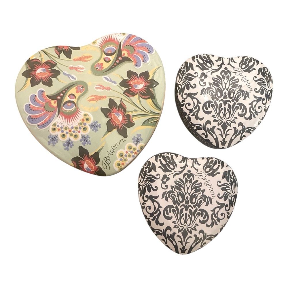Brighton Heart Tin Embossed Hummingbird Daffodil  Box and  2 B&W heart tins